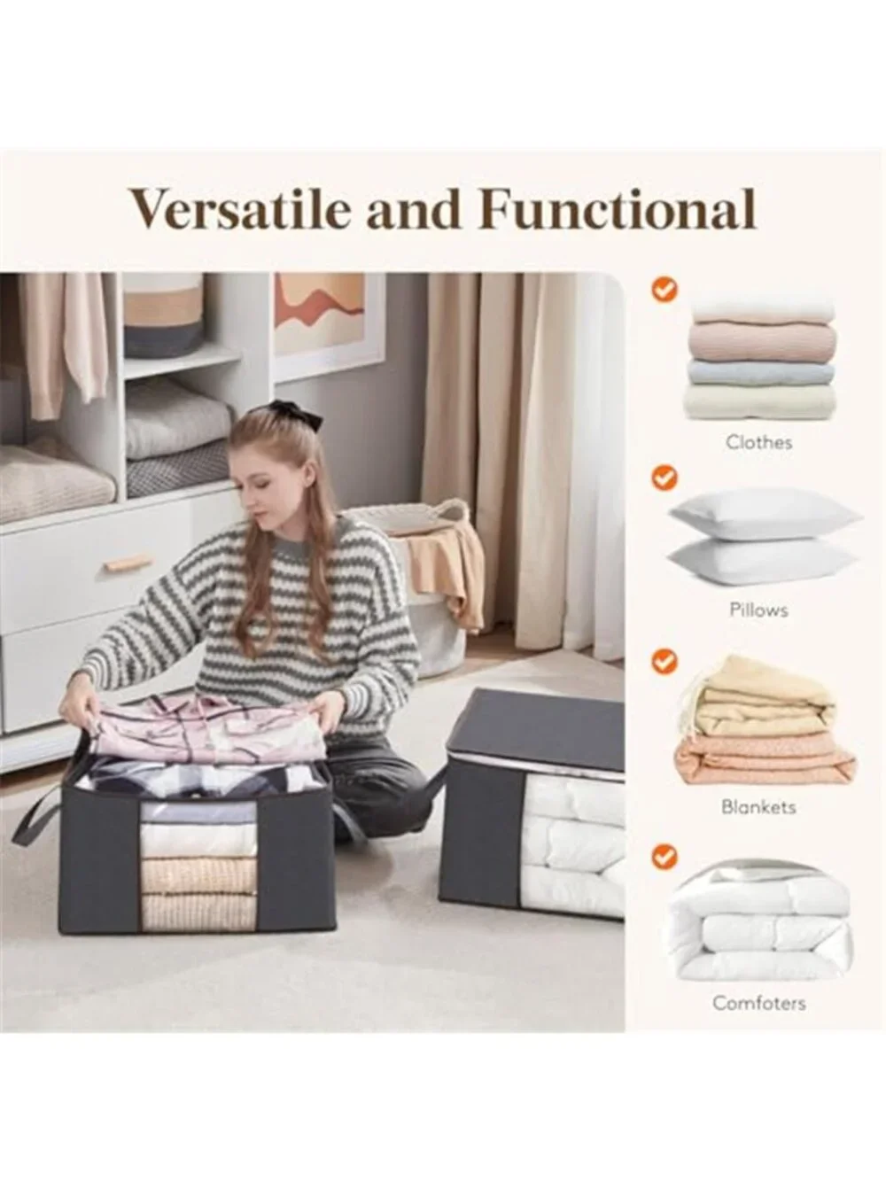 6 Pack Clothes Storage Bins with Lids, Foldable Blanket Storage Bags 60 L